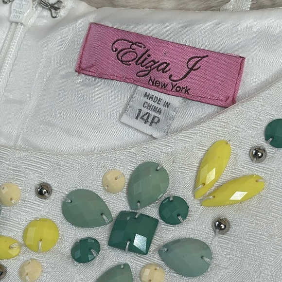 Eliza J | White Dress with Cap Sleeves & Jeweled Neckline - Picture 4 of 8